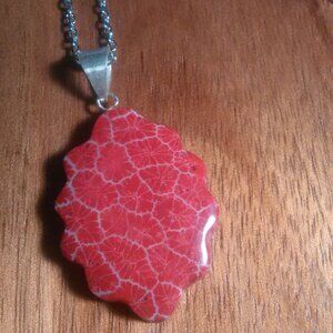 Fancy Shaped Red Sponge Coral Sterling Silver Pendant Stainless Steel Necklace